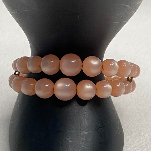 Cuff Bracelet Double Stranded Graduated Round Moonstone Beads Salmon Pink - Picture 1 of 8